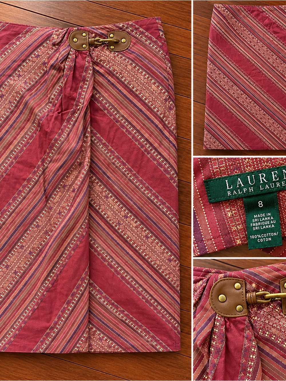 Lauren Ralph Lauren Burgundy Striped Wrapped Cotton Skirt with Brass Accent